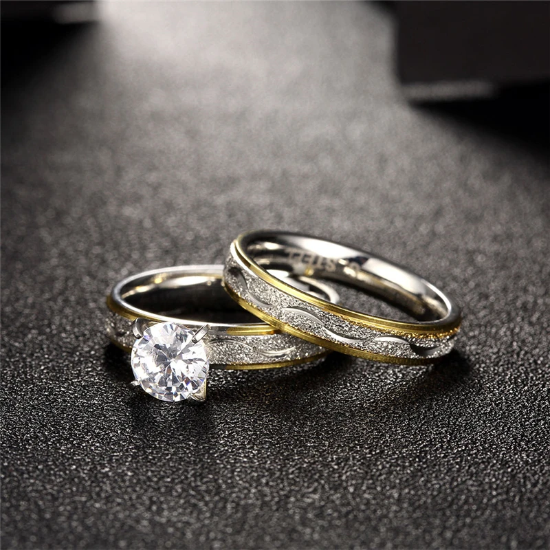 Fashion Couple Rings Vintage Stainless Steel Men Wedding Ring Elegant Women Square Cut Zircon Rings Set Engagement Jewelry Gifts