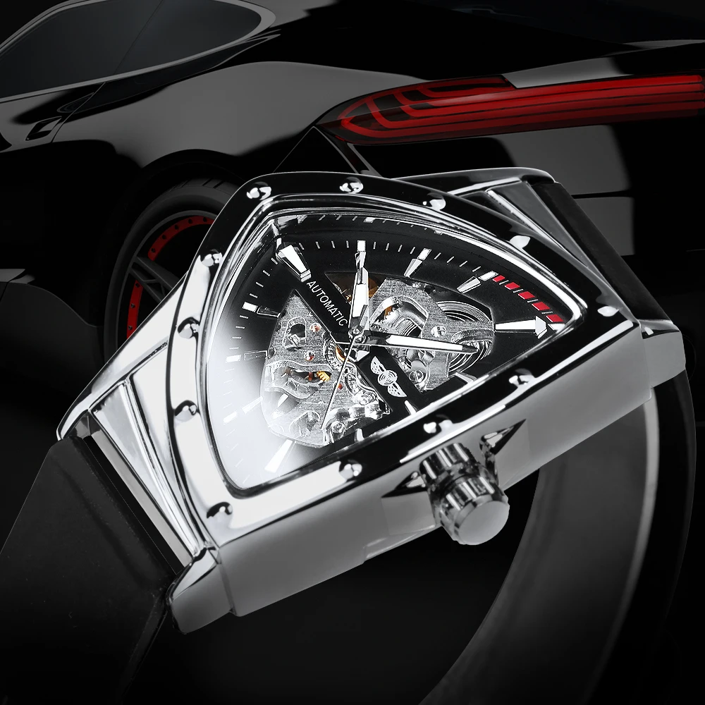 WINNER Sports Triangle Skeleton Automatic Men Watch Luminous Pointers Fashion Rubber Strap Luxury Military Mechanical Watches