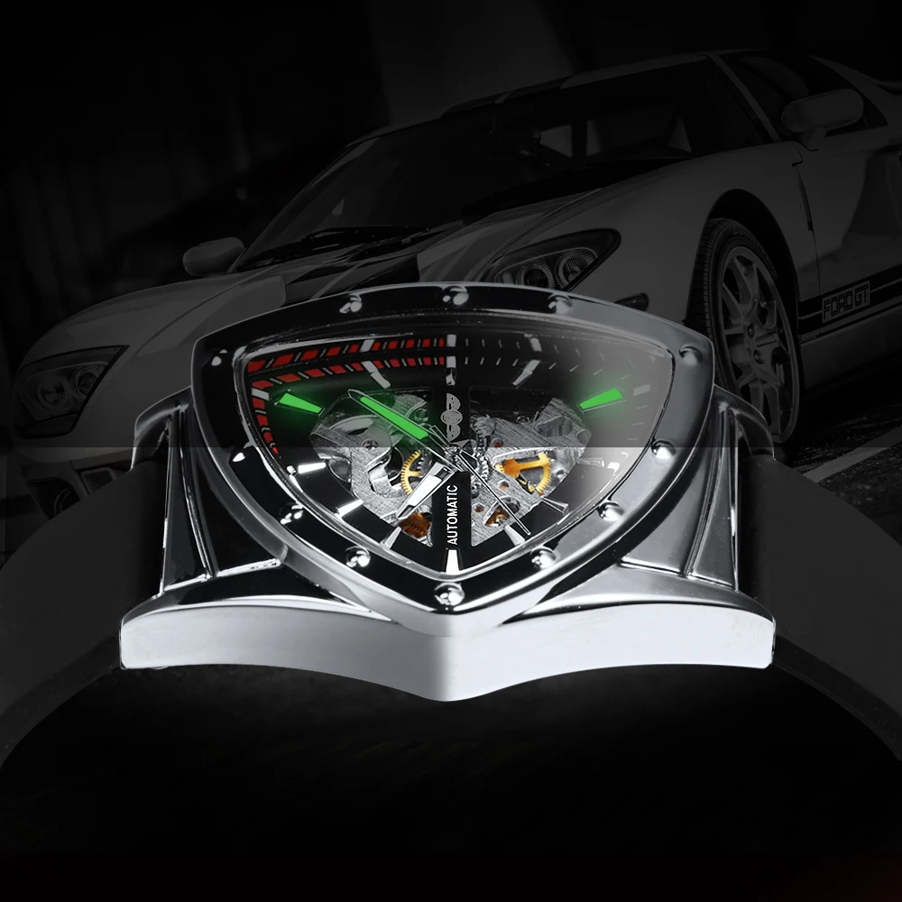 WINNER Sports Triangle Skeleton Automatic Men Watch Luminous Pointers Fashion Rubber Strap Luxury Military Mechanical Watches