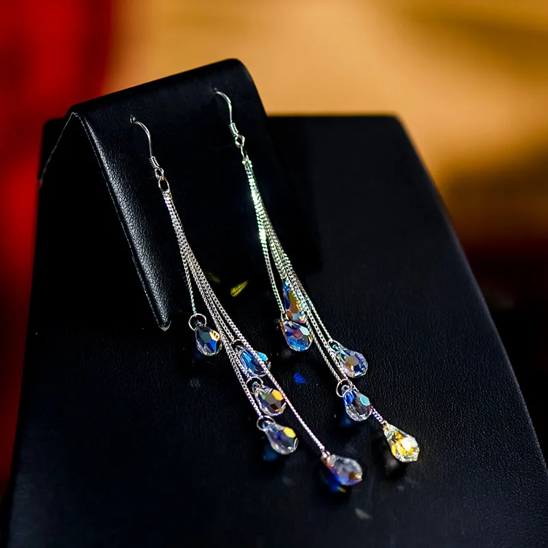 2023 Fashion Crystal Water Drop Tassel Earrings for Women Temperament Colorful Long Earrings Bridal Wedding Party Jewelry Gifts