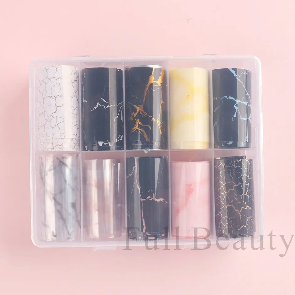 10 Roll/Box Marble Gold Foils Nail Stickers Holographic Iridescent Marble White Black Transfer Paper Decal Manicure Decor SACX04