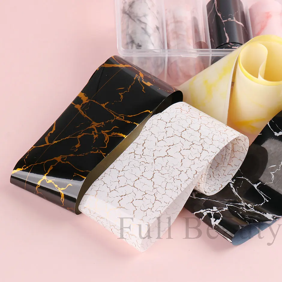 10 Roll/Box Marble Gold Foils Nail Stickers Holographic Iridescent Marble White Black Transfer Paper Decal Manicure Decor SACX04