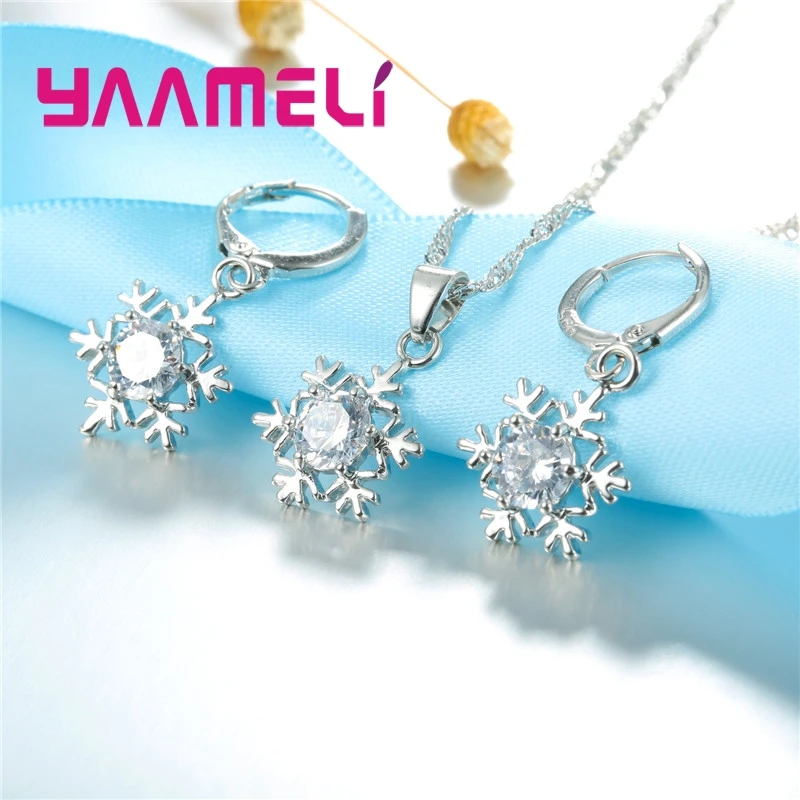 Qualified Snowflake Women 925 Sterling Silver Color Jewelry Set Zircon CZ Crystal Pendant Necklace Earrings Party Gift