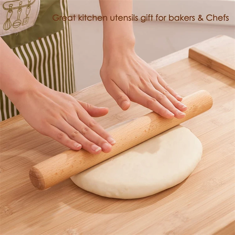 LMETJMA 40cm Wood Rolling Pin Natural Beech Wood Dough Roller French Dumpling Rolling Pin for Baking Pasta Pizza Dough JT119