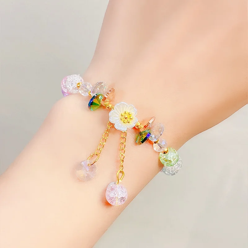 Korean New Sweet Daisy Flower Bracelet For Women Colorful Crystal Beaded Elastic Rope Bracelets Party Wedding Jewelry Gifts
