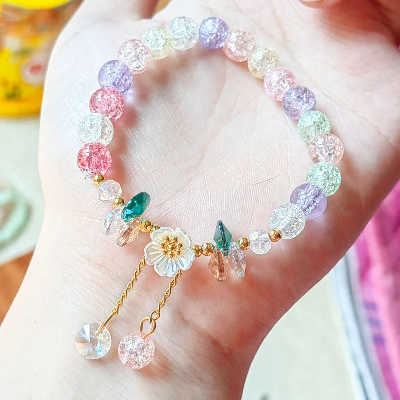 Korean New Sweet Daisy Flower Bracelet For Women Colorful Crystal Beaded Elastic Rope Bracelets Party Wedding Jewelry Gifts