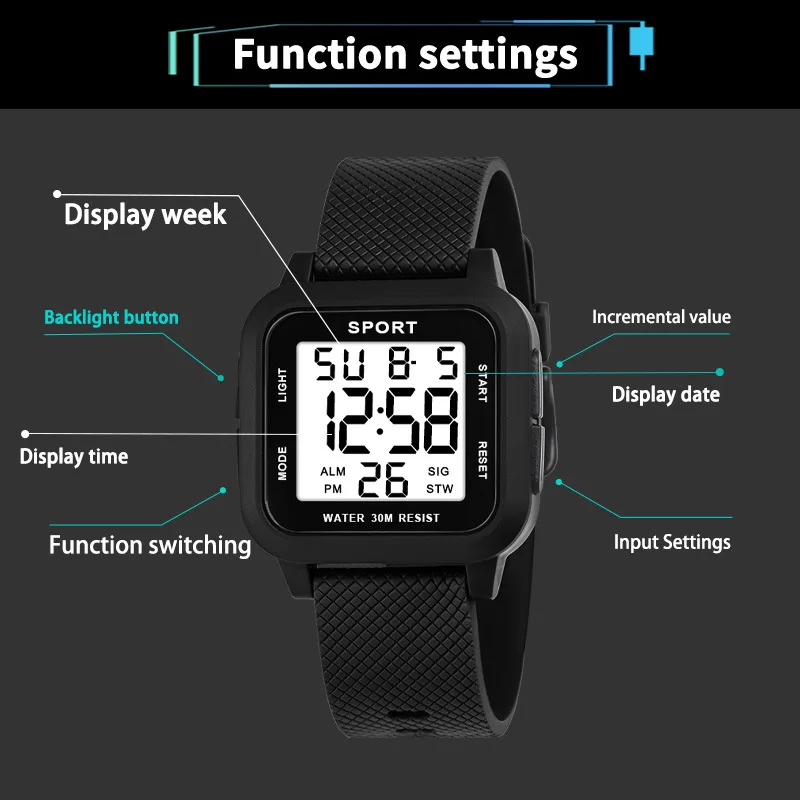YIKAZE Sports Men Watch Retro Square Men's Digital Watch Multifunction Military Alarm Clock LED Wristwatch for Male Kids Gifts