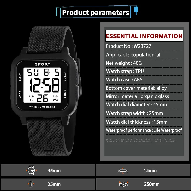 YIKAZE Sports Men Watch Retro Square Men's Digital Watch Multifunction Military Alarm Clock LED Wristwatch for Male Kids Gifts