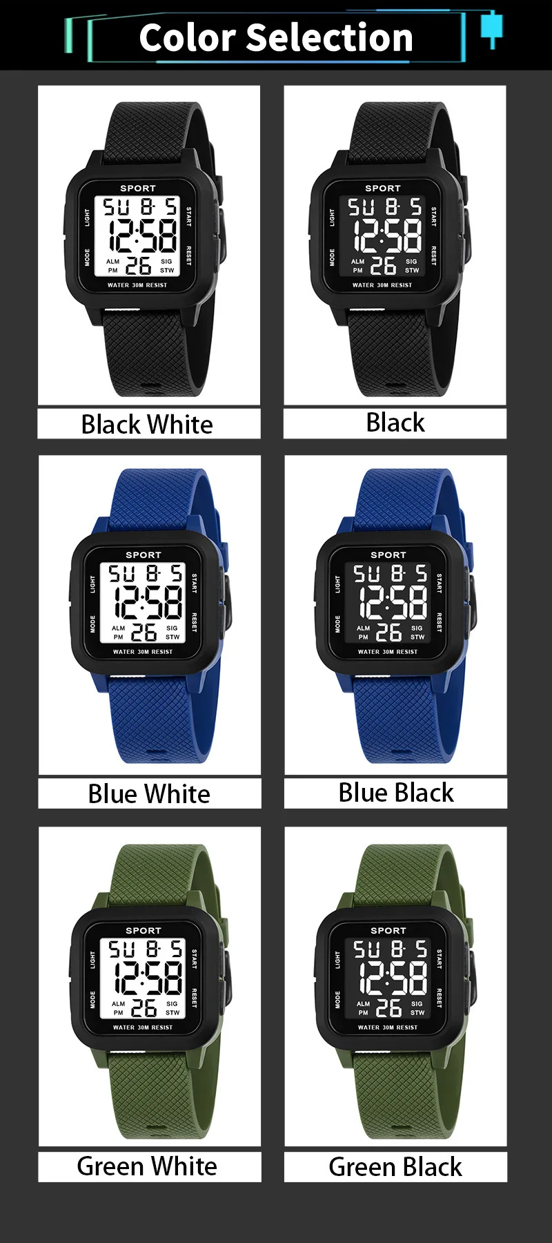 YIKAZE Sports Men Watch Retro Square Men's Digital Watch Multifunction Military Alarm Clock LED Wristwatch for Male Kids Gifts