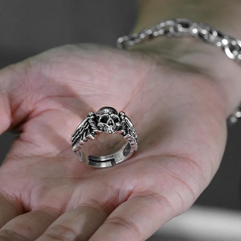 Ring Unisex Retro Vintage Vintage Hip-hop Personality Wings Skull Head Opening Ring Wholesale