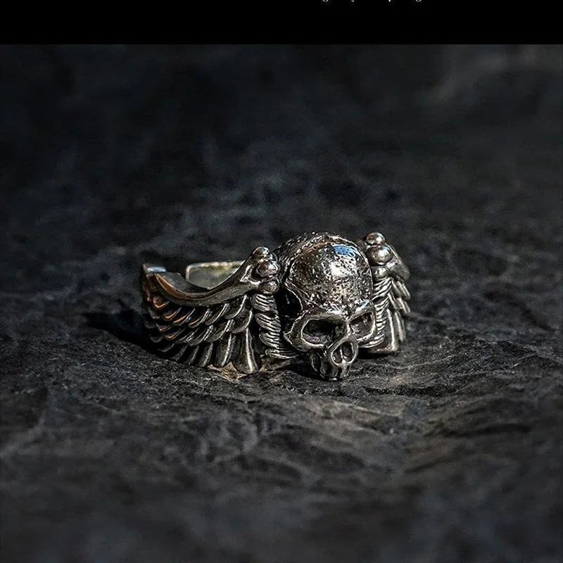 Ring Unisex Retro Vintage Vintage Hip-hop Personality Wings Skull Head Opening Ring Wholesale