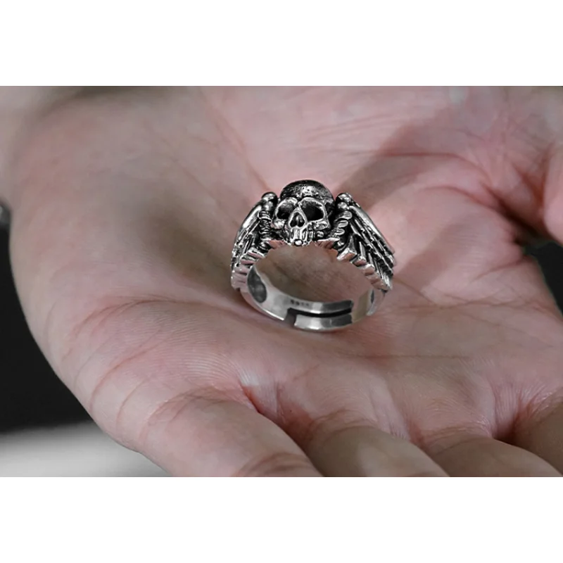 Ring Unisex Retro Vintage Vintage Hip-hop Personality Wings Skull Head Opening Ring Wholesale