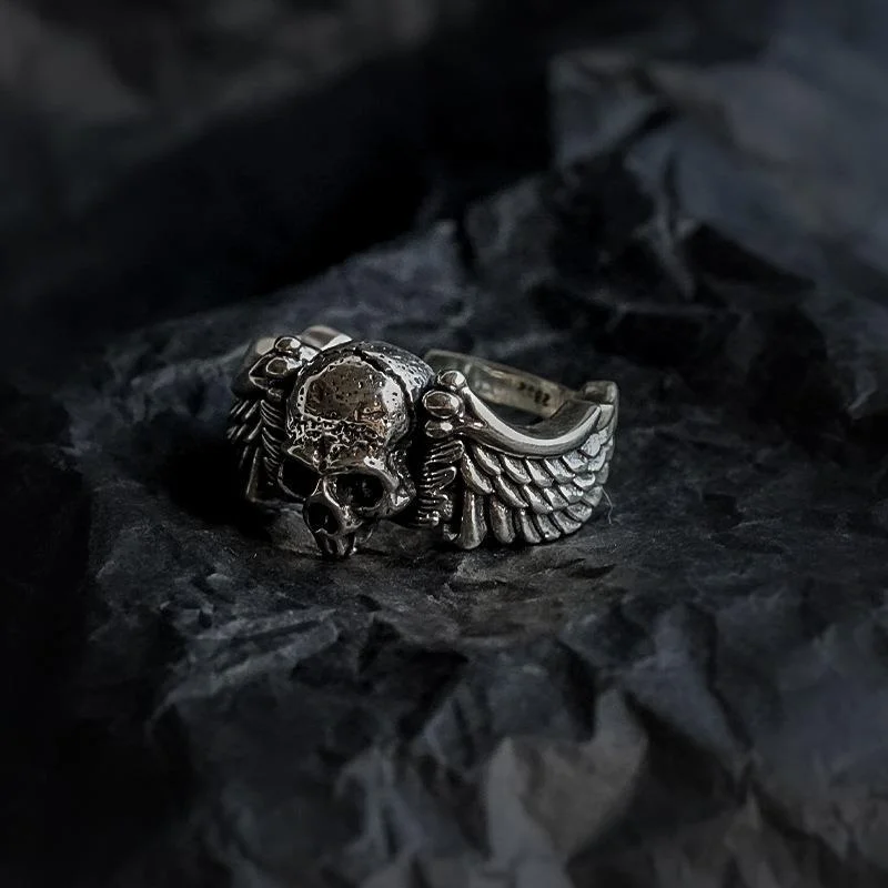 Ring Unisex Retro Vintage Vintage Hip-hop Personality Wings Skull Head Opening Ring Wholesale