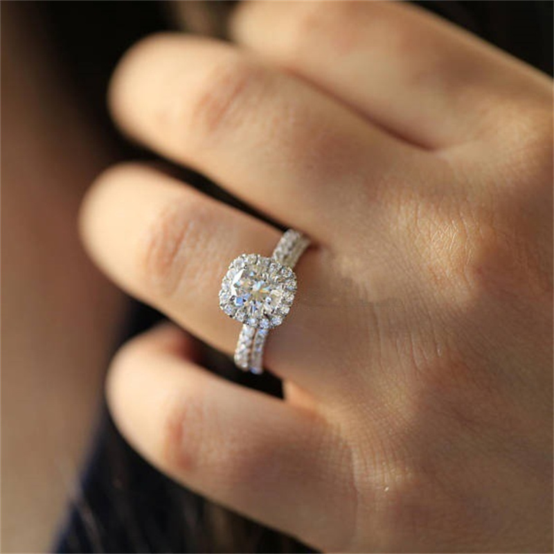 Luxury Wedding Rings for Women Silver Color Square Fashion Metal Inlaid White Zicron Stones Engagement Ring Set Jewelry