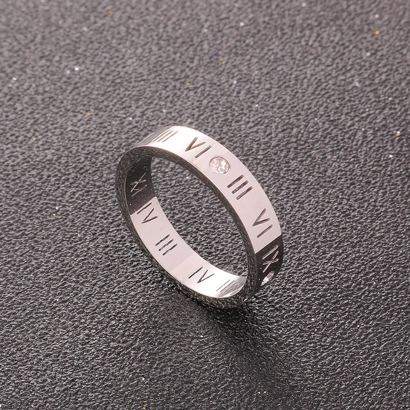 One Crystal Rings Fashion Jewelry Hollow Roman Numerals Stainless Steel Personalized Simplicity Accessories Women Rings
