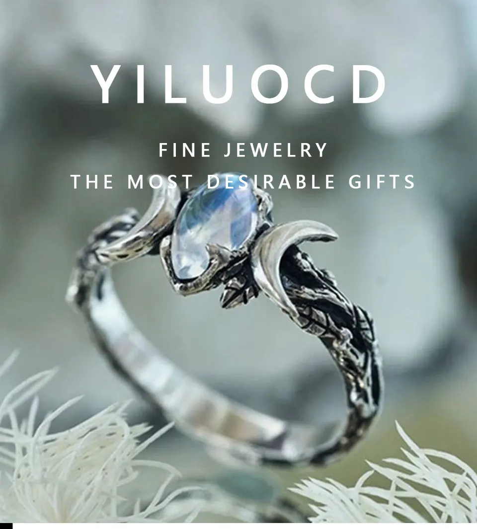YILUOCD Vintage Natural Moonstone Ring Witchcraft Triple Moon Goddess Rings for Women Engagement Party Wedding Jewelry Anillos