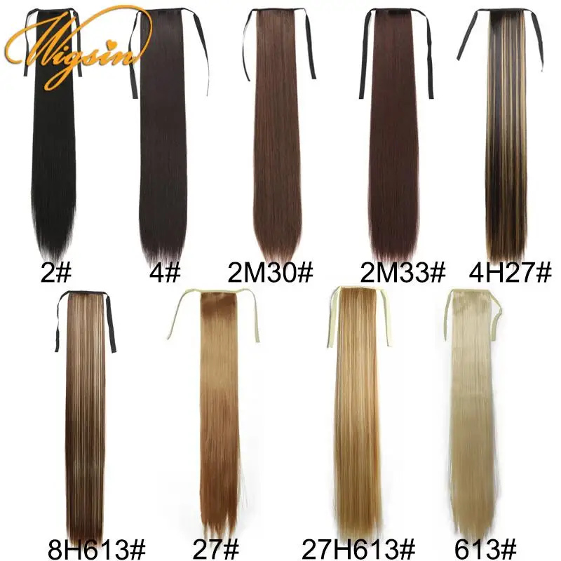 WIGSIN Synthetic 32Inch Long Straight Drawstring Ponytail Clip in Hair Extension Black Blonde Hairpiece for Women