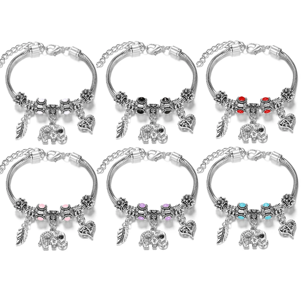 Multi Style Rhinestone 6 Color Beaded Bangle Lobster Buckle Adjustable Snake Chain Elephant Bracelet Pendant Woman Jewelry Gift