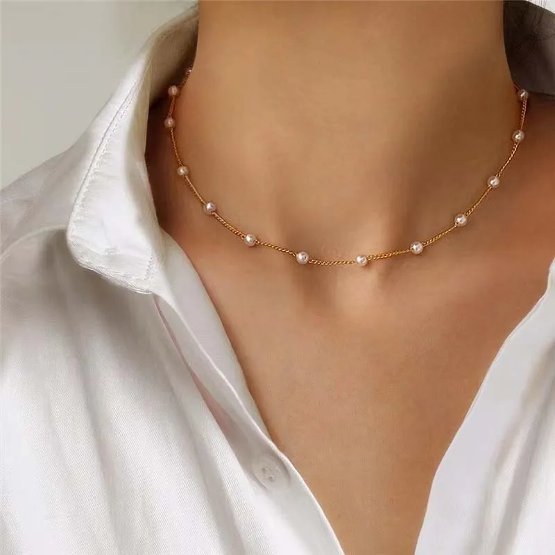 New Beads Women's Neck Chain Kpop Pearl Choker Necklace Gold Color Goth Chocker Jewelry On The Neck Pendant 2026 Collar For Girl