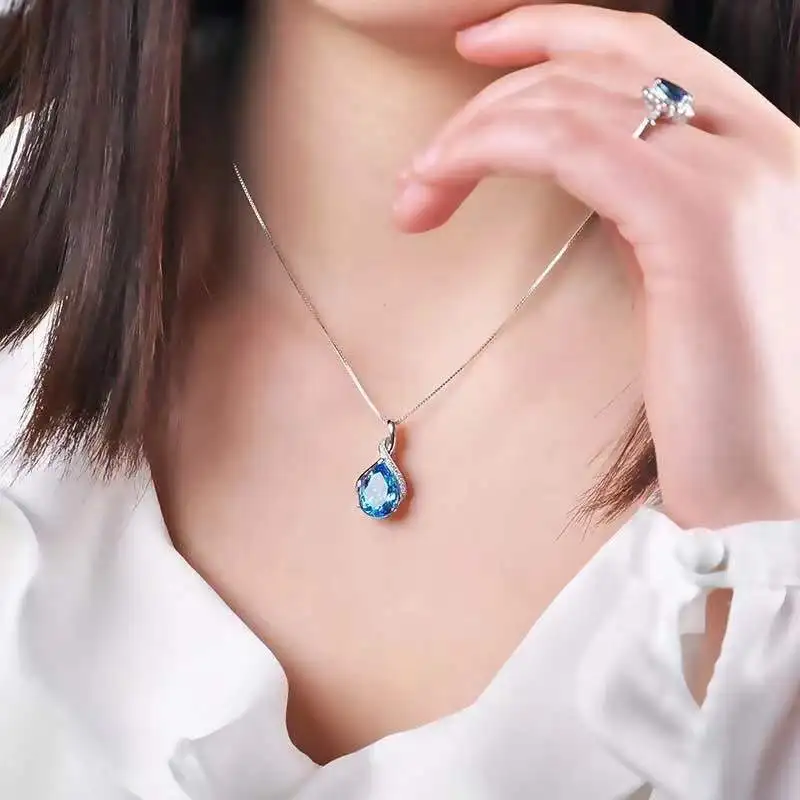 Buyee 925 Sterling Silver Female Stone Pendant Chain Natural Amethyst & Aquamarine Necklace for Women Fashion Fine Jewelry Chain