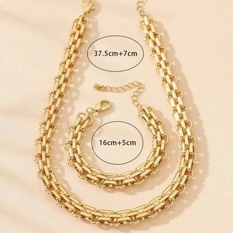 2 PCS Set Gold Color Link Chain Necklace Bracelet Set Punk Bracelet Big Link Chain Dubai Africa Party Jewelry Set Gift FOr Women
