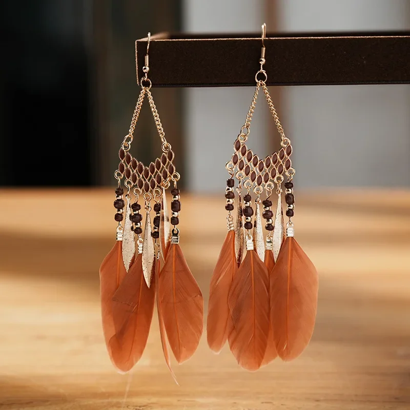 Bohemian Ethnic Feather Dangle Earrings For Women Trendy Long Tassel Colorful Beads Drop Earrings Girl Female Boho Jewelry