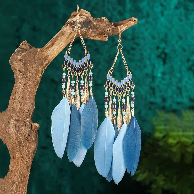 Bohemian Ethnic Feather Dangle Earrings For Women Trendy Long Tassel Colorful Beads Drop Earrings Girl Female Boho Jewelry