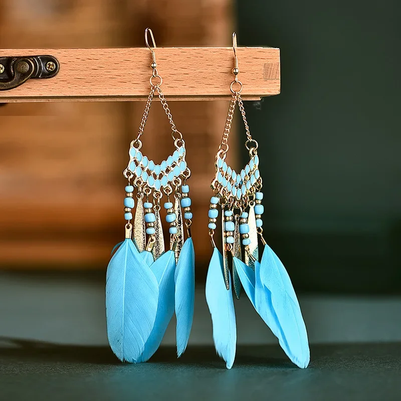Bohemian Ethnic Feather Dangle Earrings For Women Trendy Long Tassel Colorful Beads Drop Earrings Girl Female Boho Jewelry