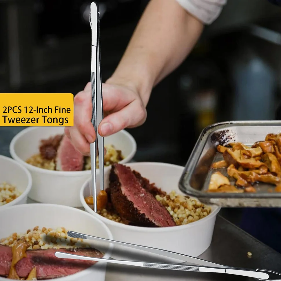 12inch Kitchen Tweezers Fine Tweezer Tongs Extra-Long Stainless Steel Cooking Tweezers for Kitchen Food Cooking Sea Food and BBQ