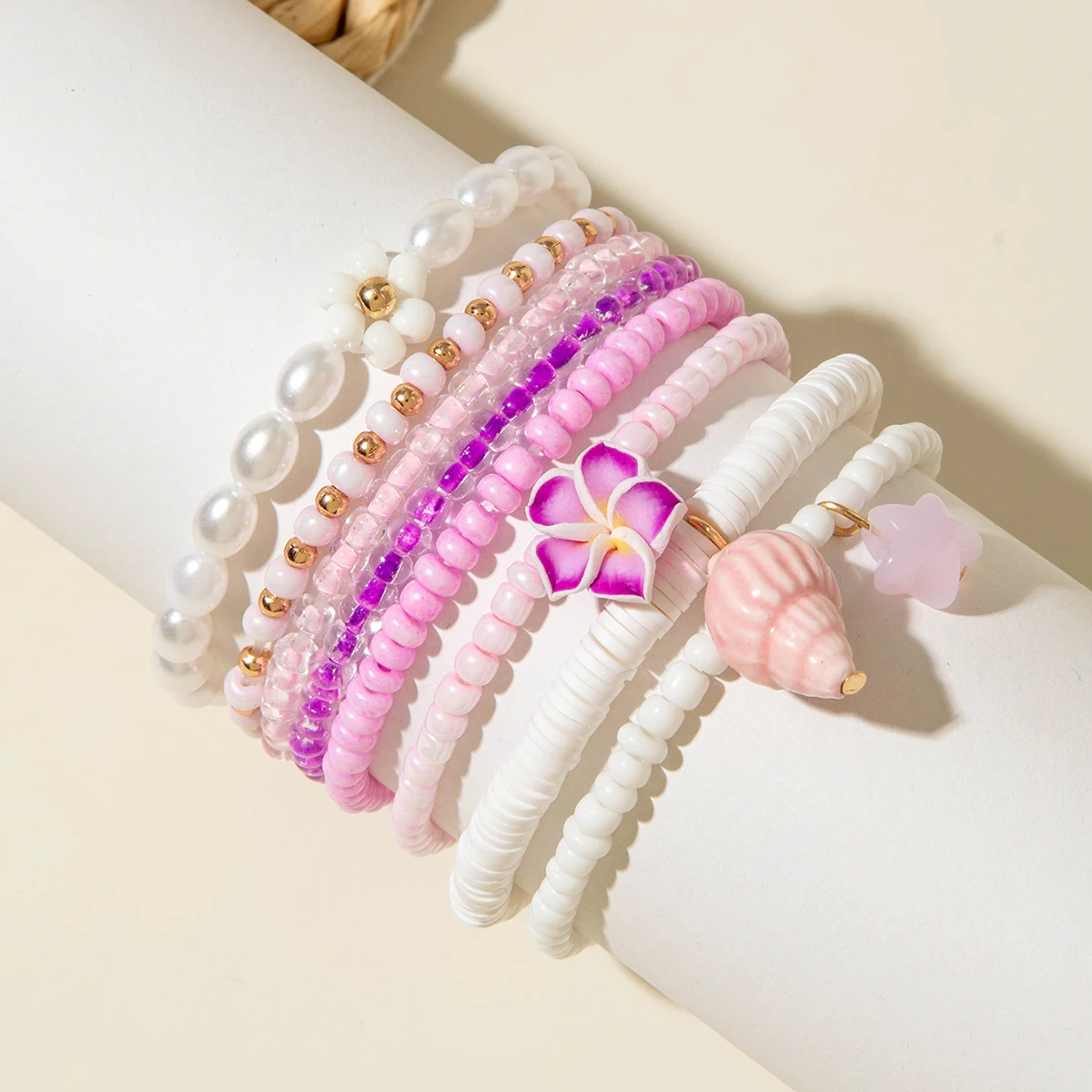Tocona 5pcs/set Bohemian Imitation Pearl Bracelets for Women Ethnic Style Shell Beaded Bangles Summer Beach Jewelry Set 26165