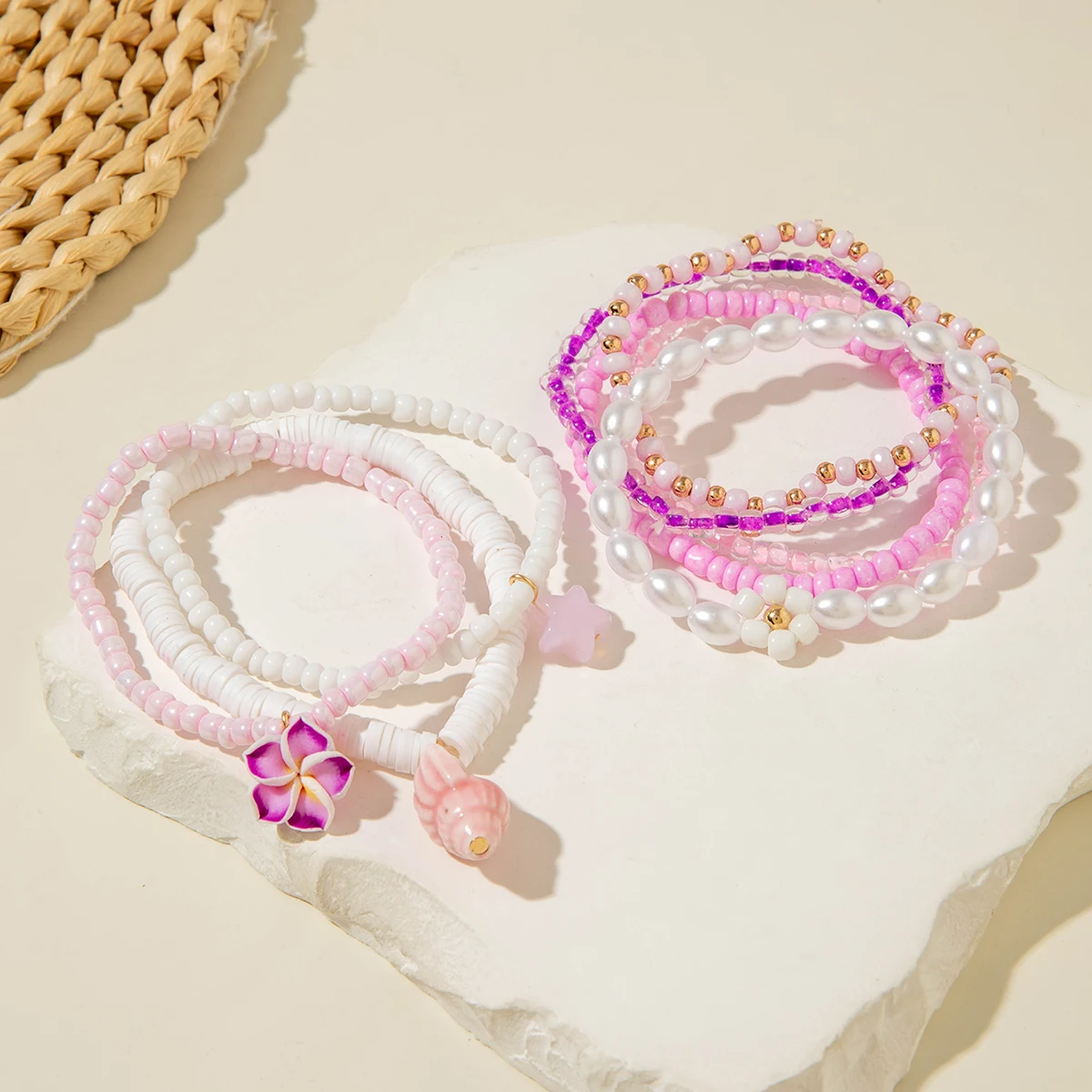 Tocona 5pcs/set Bohemian Imitation Pearl Bracelets for Women Ethnic Style Shell Beaded Bangles Summer Beach Jewelry Set 26165