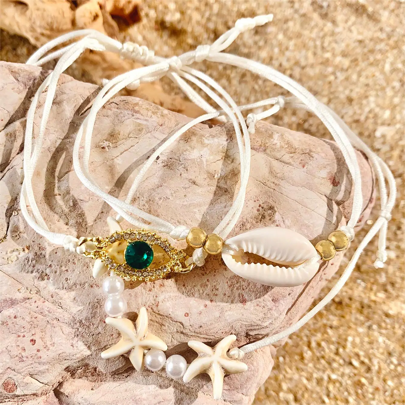 Tocona 5pcs/set Bohemian Imitation Pearl Bracelets for Women Ethnic Style Shell Beaded Bangles Summer Beach Jewelry Set 26165