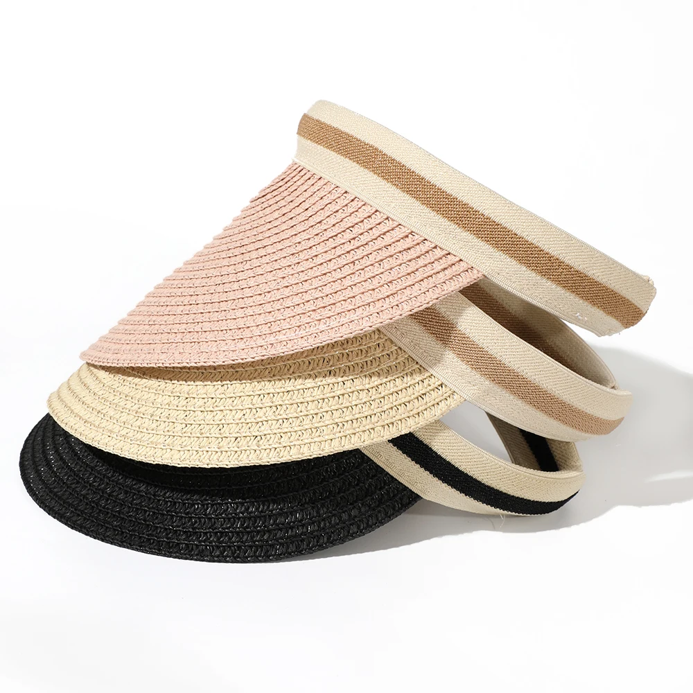 Woman New Fashion Sun Hats Female Outdoor Visor Beach Caps Breathable Empty Top Straw Cap Female Anti-UV Beach Cap