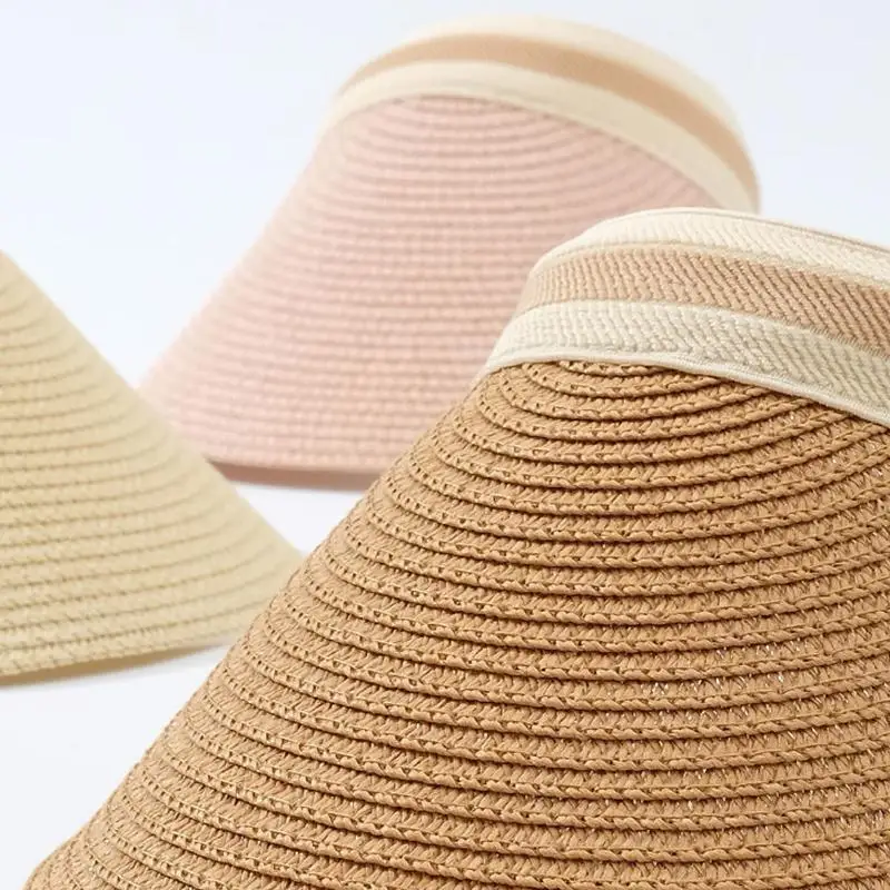 Woman New Fashion Sun Hats Female Outdoor Visor Beach Caps Breathable Empty Top Straw Cap Female Anti-UV Beach Cap