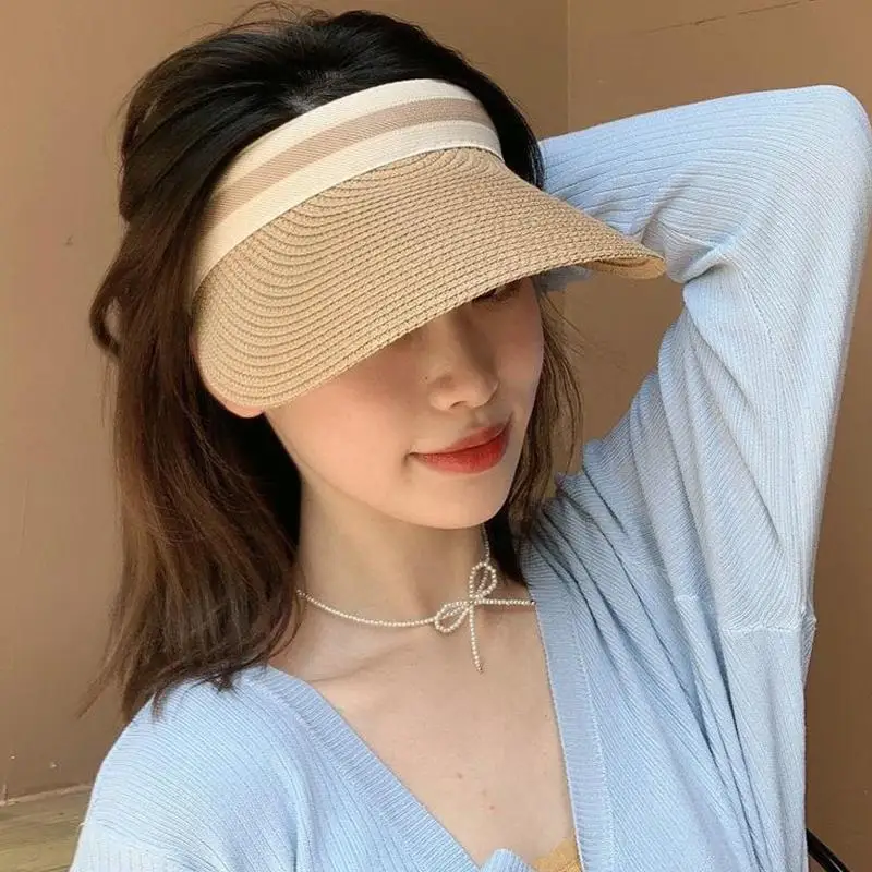 Woman New Fashion Sun Hats Female Outdoor Visor Beach Caps Breathable Empty Top Straw Cap Female Anti-UV Beach Cap