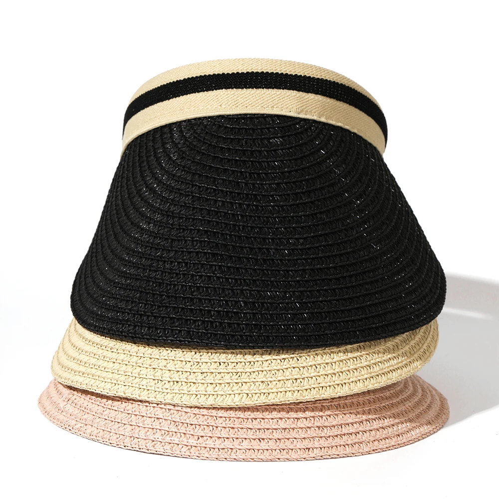 Woman New Fashion Sun Hats Female Outdoor Visor Beach Caps Breathable Empty Top Straw Cap Female Anti-UV Beach Cap