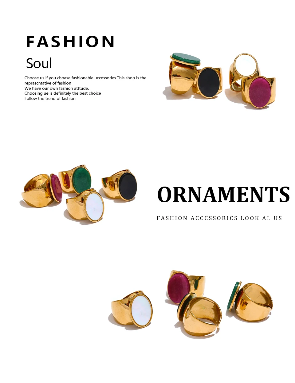 Yhpup PVD Plated Stone Stainless Steel Gold Color Wide Ring Summer Trendy Fashion Jewelry Accessories Bijoux