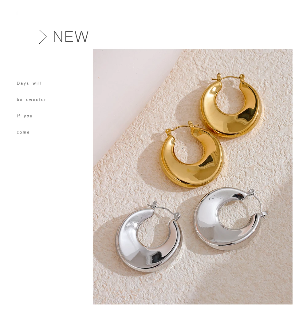 Yhpup High Quality Minimalist Sleek Stainless Steel Metal Round Hollow Hoop Earrings for Women Water Resistant Jewelry