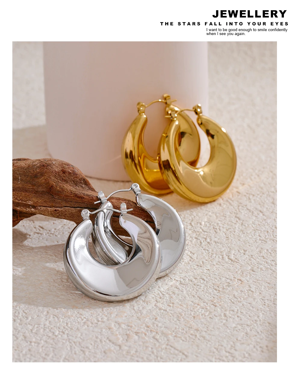 Yhpup High Quality Minimalist Sleek Stainless Steel Metal Round Hollow Hoop Earrings for Women Water Resistant Jewelry