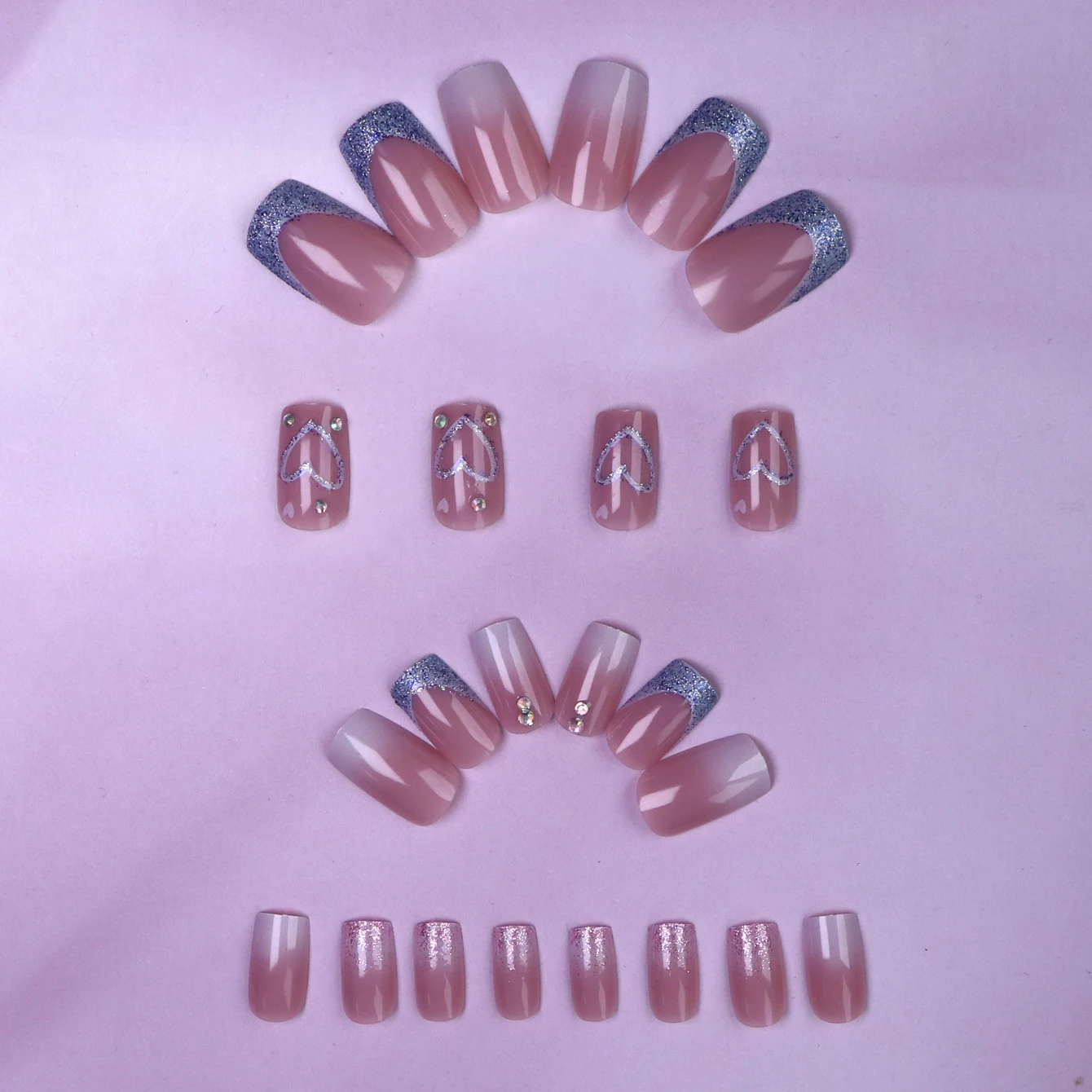 24PCS Square Press-Shaped Nails Of Medium Length - French Pointed Press-Shaped Heart-Shaped Design, Bright Pink Ffalse Nails