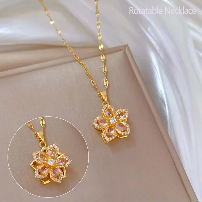 Creative Rotatable Pink Flower Necklace For Women Titanium Steel Rotatable Spinner Clavicle Choker Anti Stress Anxiety Jewelry