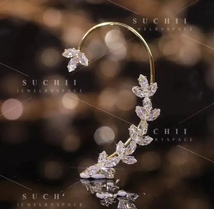 Green Crystal Golden Leaves Earrings for Women Individuality Daily Accessories Valentines Day Anniversary Birthday Jewelry Gifts