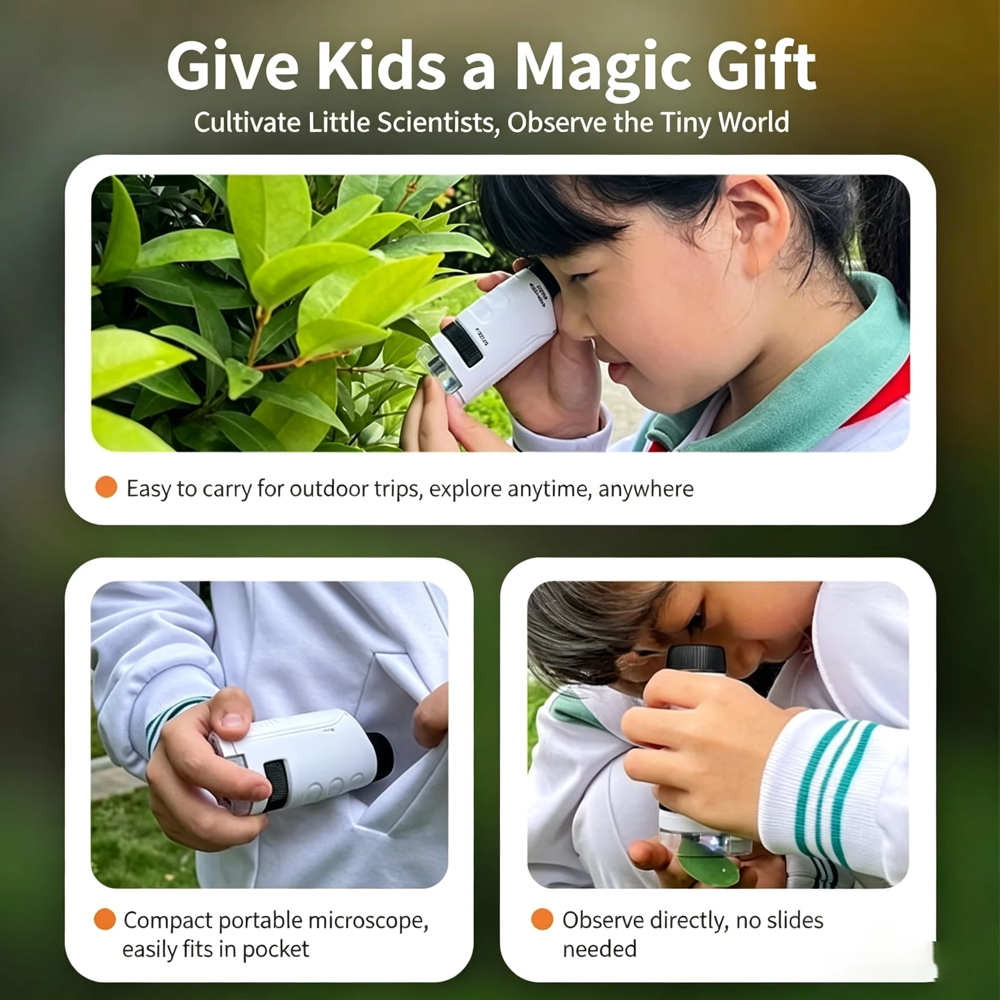 Kids Handheld Microscope Toy, Portable Outdoor Science Experiment Kit, Educational STEM Learning Gift for Pupils