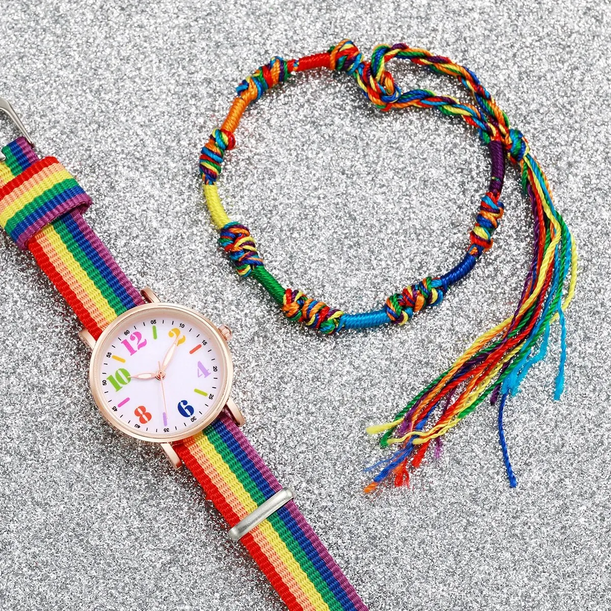 2pcs Set Fashion Rainbow Color Ultra-thin Canvas Strap Classic Men's Watches Colorful Bracelet Set
