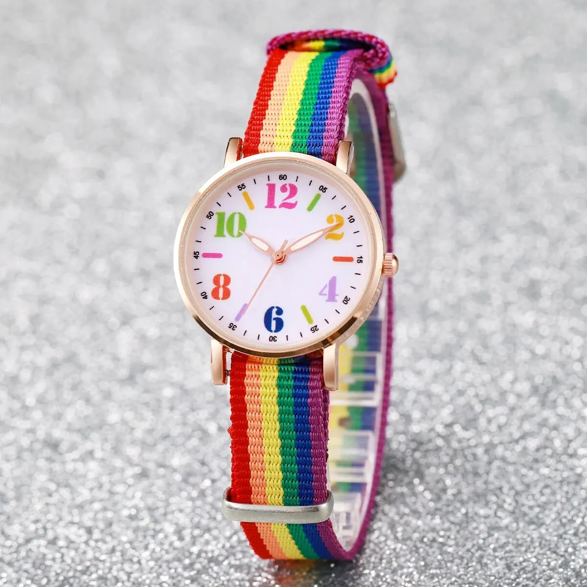 2pcs Set Fashion Rainbow Color Ultra-thin Canvas Strap Classic Men's Watches Colorful Bracelet Set