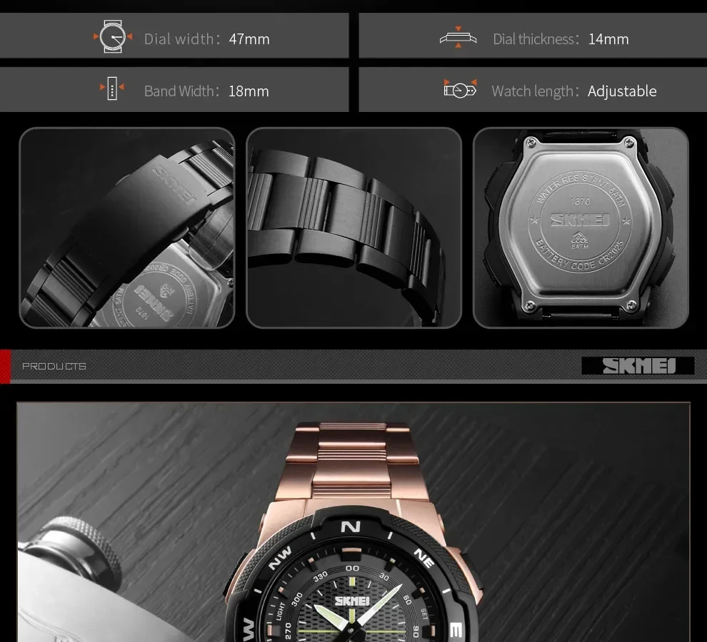 SKMEI 1370  Men Fashion Sport Quartz Clock Mens Watches Luxury Full Steel Business Waterproof Watch Relogio Masculino Watch