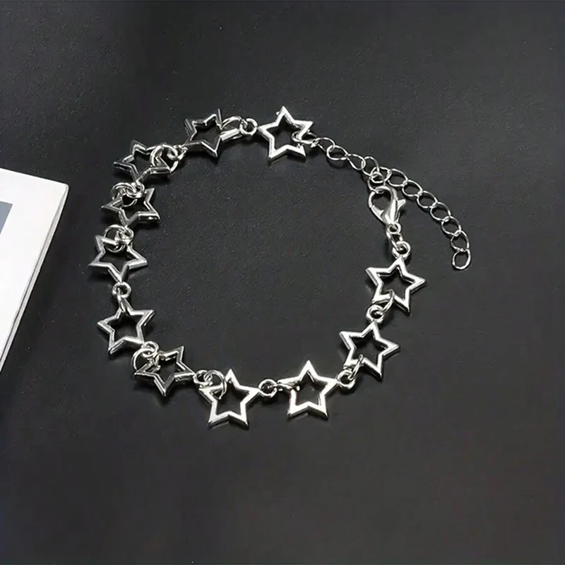 Y2K Five Pointed Stars Charm Bracelet Vintage Silver Color Pentagram Chain Bracelets For Women