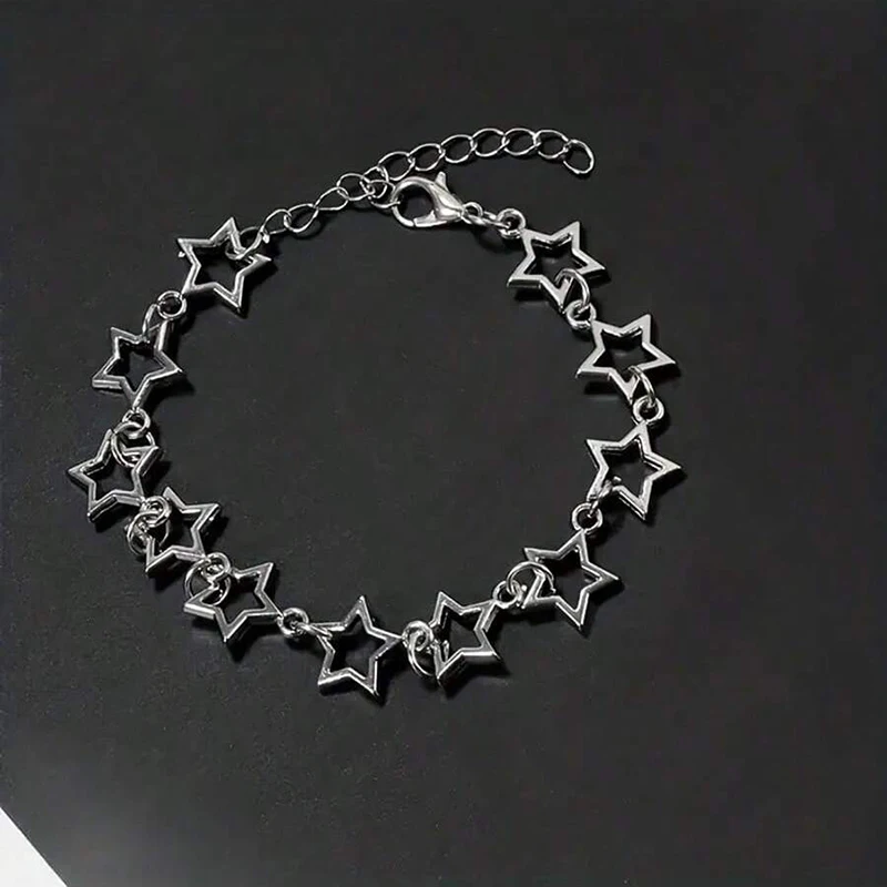 Y2K Five Pointed Stars Charm Bracelet Vintage Silver Color Pentagram Chain Bracelets For Women
