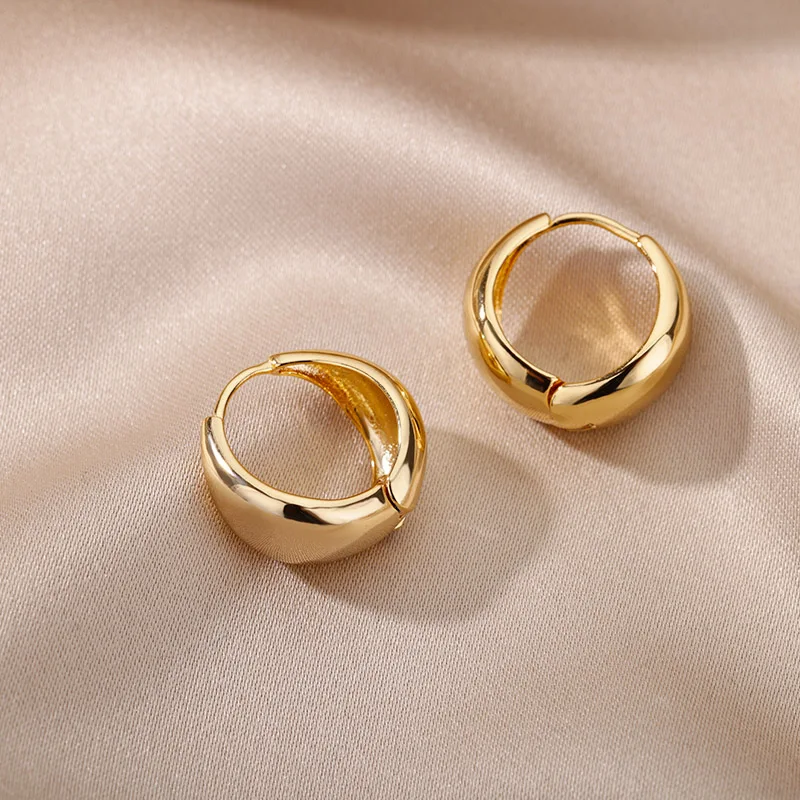 Chunky Flat Small Circle Hoop Earrings For Women Charm Sliver Color Stainless Steel Geometric Earrings Minimalist Jewelry
