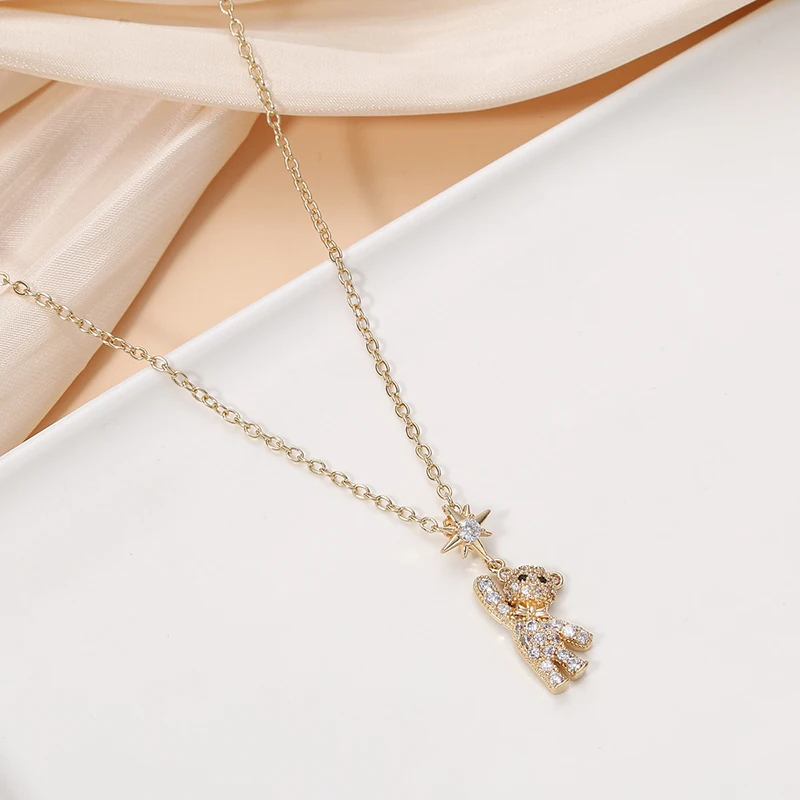 Obega Lovely Bear Necklaces for Women Cubic Zircon Inlaid Gold Color Neck Chain Female Necklaces Cute Jewelry Pendant